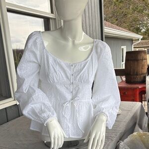 American Eagle Outfitters White Eyelet Peasant Top with Puff Sleeves